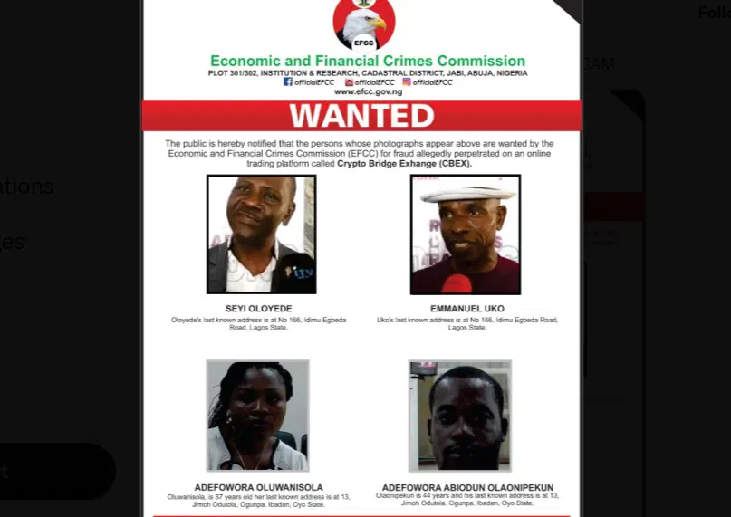 EFCC declares four persons wanted over CBEX scam